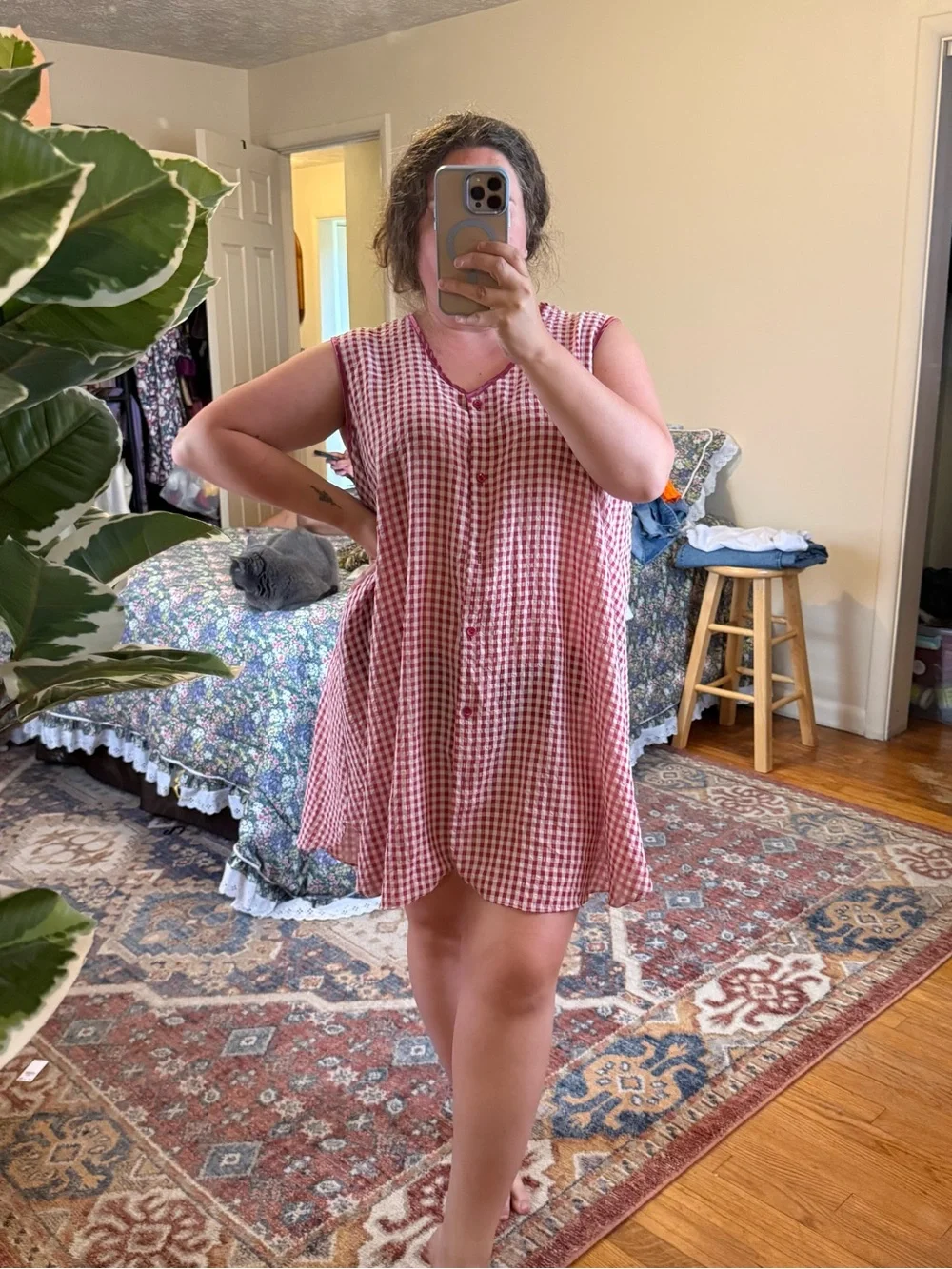 Vintage magenta & white gingham nightgown